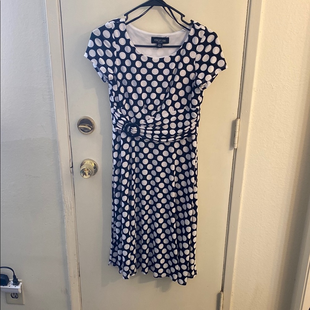 Perceptions Blue and White Ruched Wrap Midi Dress